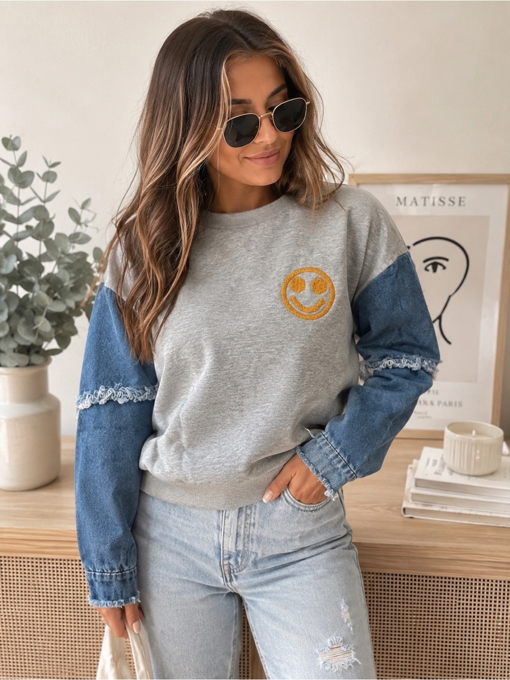 Ces Femme Gray Sweatshirt with Denim Patch Sleeves & Yellow Smiley - Size small